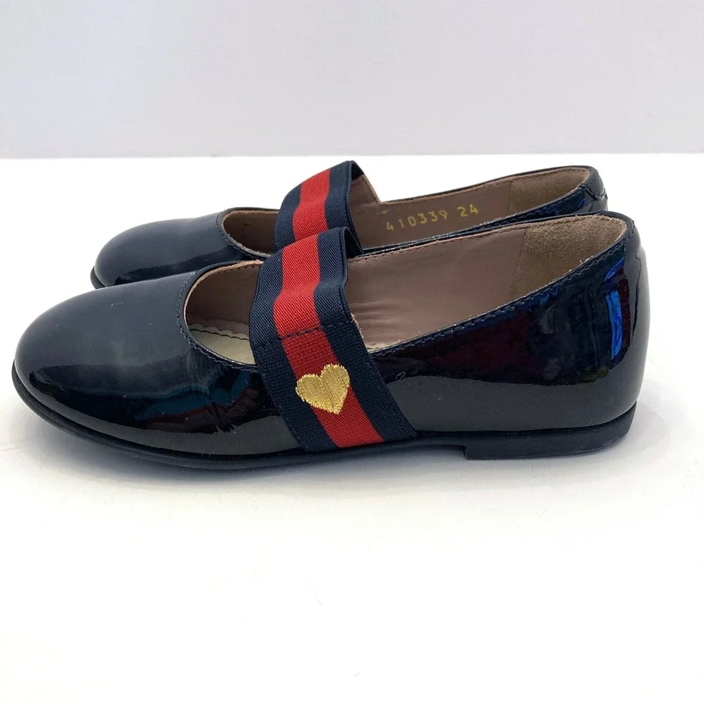 Gucci Navy Blue Patent Leather Mary‎ Jane Shoes Flats Toddler 6.5 EU 24 Box Bag